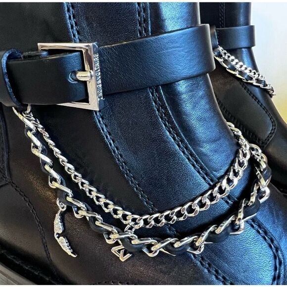 Zadig & Voltaire Laureen Black Leather & Silver Chain Ankle Booties size 8/38 ne - Picture 6 of 6